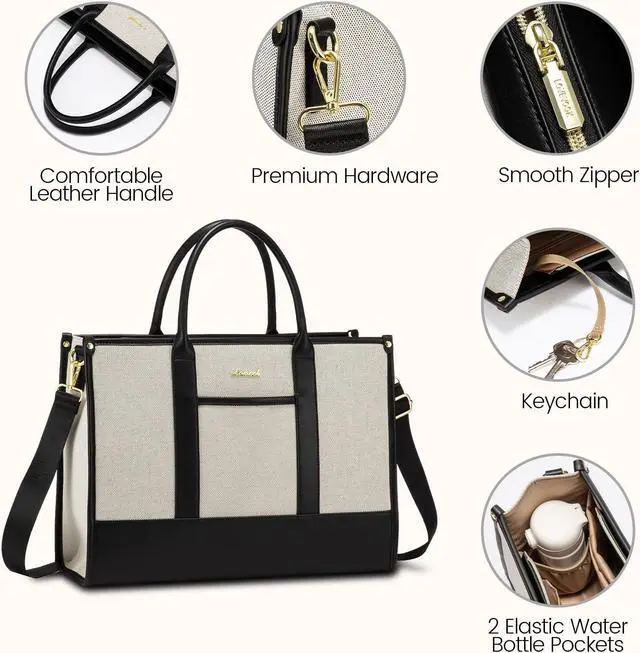 Alt view image 3 of 5 - LOVEVOOK Laptop Tote Bags for Women Canvas Work Bag 15.6 inch Large Professional Teacher Purse Lightweight Computer Bag Briefcase Business Office, Black-white