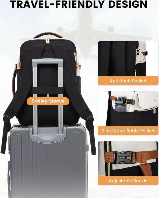 Alt view image 5 of 5 - LOVEVOOK Travel Backpack for Women, TSA Carry On Backpack Flight Approved Luggage, 30L Water Resistant Personal Item Daypack Large Weekender Bag fit 15.6 inch Laptop with 3 Cubes, Beige-black-brown