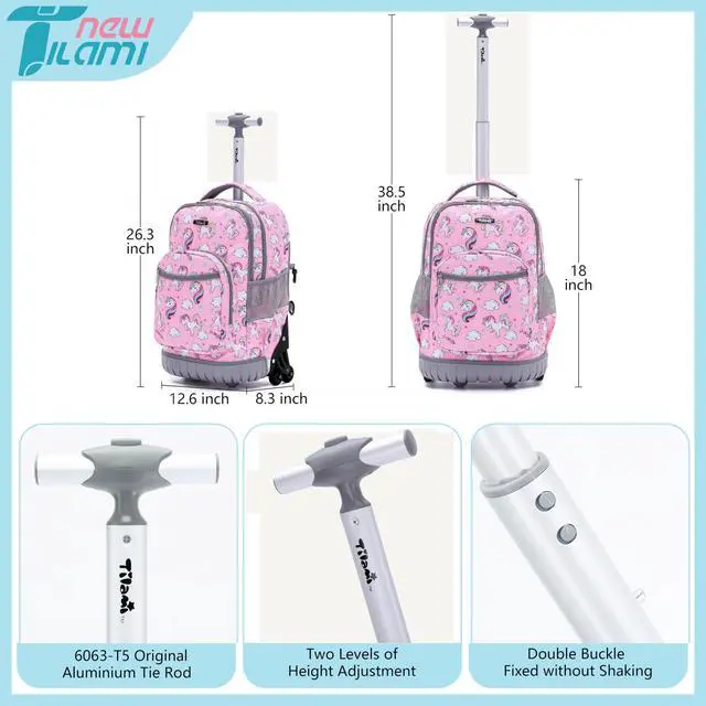 Alt view image 2 of 5 - NEW TILAMI Unicorn Rolling Backpack for Kids, 18 Inches Adjustable Laptop Backpack with Wheels for Girls to School Travel Camping Boys Rolling Backpack