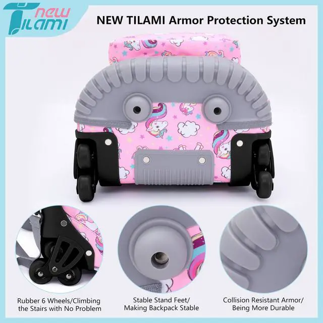 Alt view image 4 of 5 - NEW TILAMI Unicorn Rolling Backpack for Kids, 18 Inches Adjustable Laptop Backpack with Wheels for Girls to School Travel Camping Boys Rolling Backpack