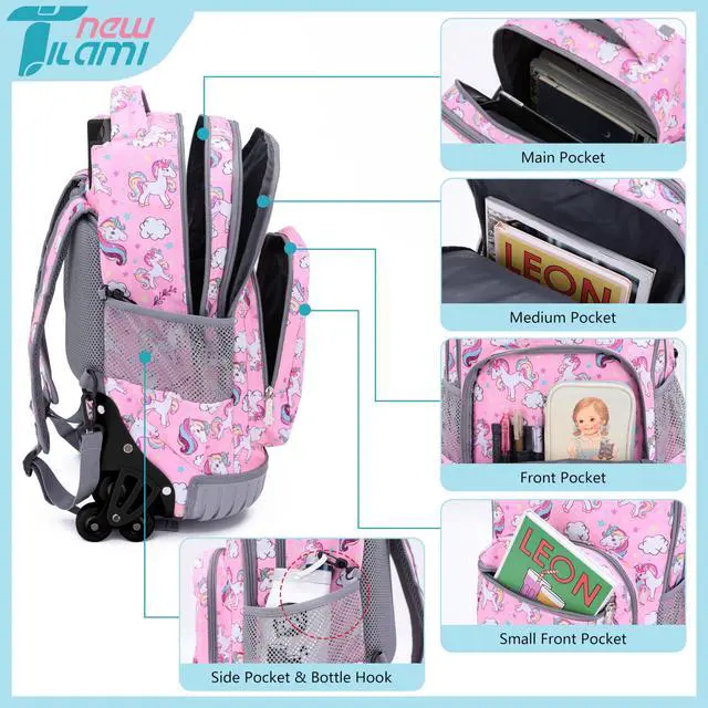 Alt view image 3 of 5 - NEW TILAMI Unicorn Rolling Backpack for Kids, 18 Inches Adjustable Laptop Backpack with Wheels for Girls to School Travel Camping Boys Rolling Backpack