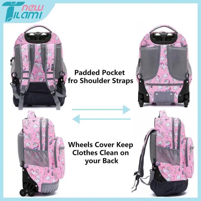 Alt view image 5 of 5 - NEW TILAMI Unicorn Rolling Backpack for Kids, 18 Inches Adjustable Laptop Backpack with Wheels for Girls to School Travel Camping Boys Rolling Backpack