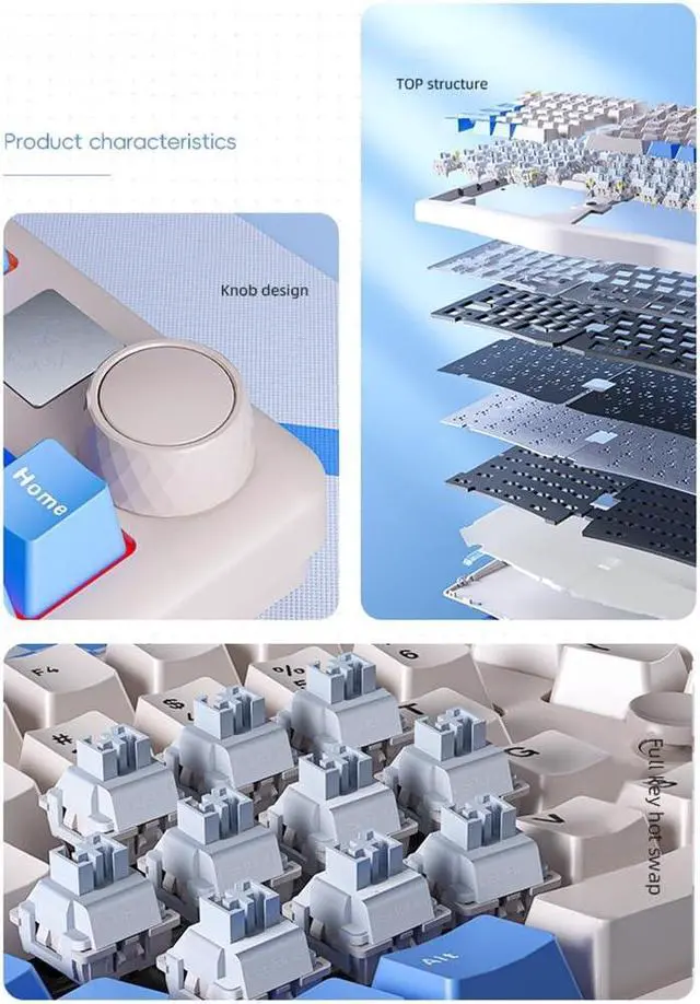 Alt view image 2 of 5 - Odpaltoy A75 Alice-Layout Mechanical Keyboard with Rocker and Knob,Hot Swappable Triple Mode Gaming Keyboard with Cute Cat Keycaps for Win/Mac,Gasket,RGB Backlight,4000mAh Battery (Moonlight White)