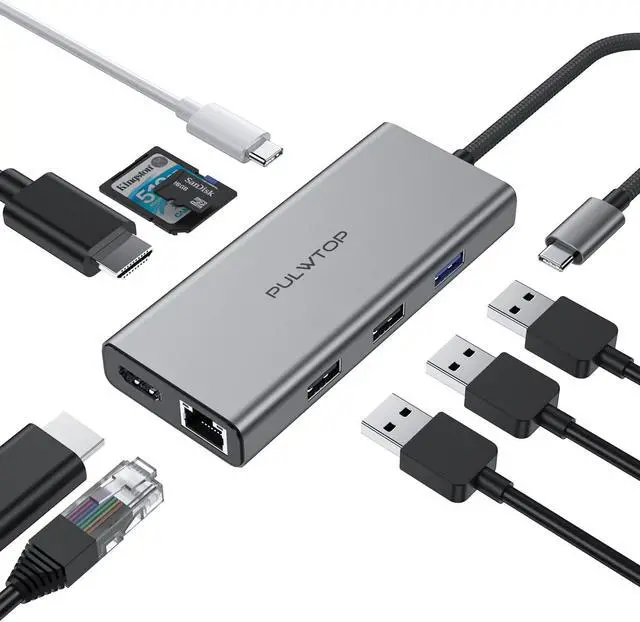 Main image of PULWTOP USB C Docking Station to Dual HDMI Adapter, 9 in 1 USB C Hub Dual HDMI Monitors USB C Adapter with Dual HDMI, 3 USB 3.0, Ethernet, PD Compatible for Dell XPS 13/15, Lenovo Yoga, etc
