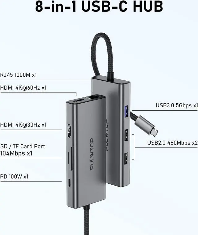 Alt view image 2 of 5 - PULWTOP USB C Docking Station to Dual HDMI Adapter, 9 in 1 USB C Hub Dual HDMI Monitors USB C Adapter with Dual HDMI, 3 USB 3.0, Ethernet, PD Compatible for Dell XPS 13/15, Lenovo Yoga, etc