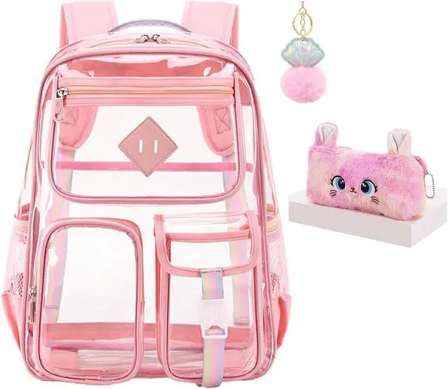 Main image of 3Pcs Clear Backpack Set, Heavy Duty PVC Transparent Daypack 17in Laptop bag, See Through Large Capacity Double Shoulder Backpack with Plush Pencil Case Key Chain(Pink)