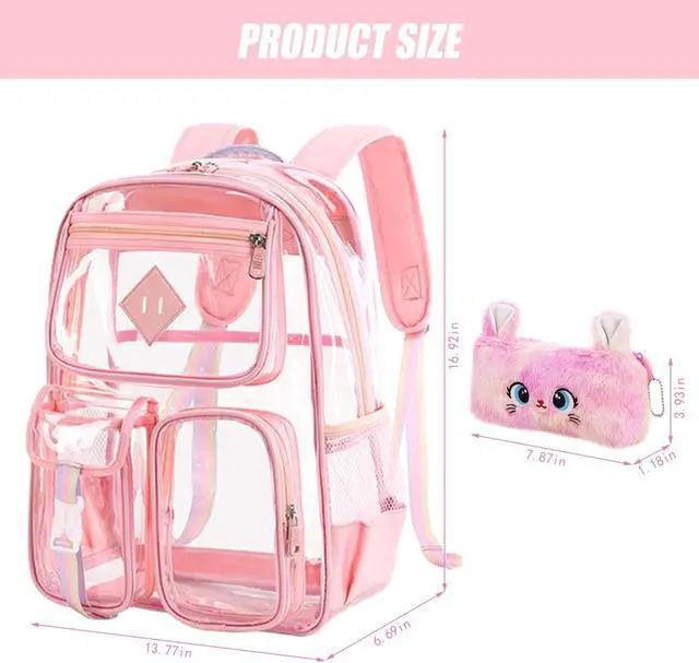 Alt view image 2 of 5 - 3Pcs Clear Backpack Set, Heavy Duty PVC Transparent Daypack 17in Laptop bag, See Through Large Capacity Double Shoulder Backpack with Plush Pencil Case Key Chain(Pink)