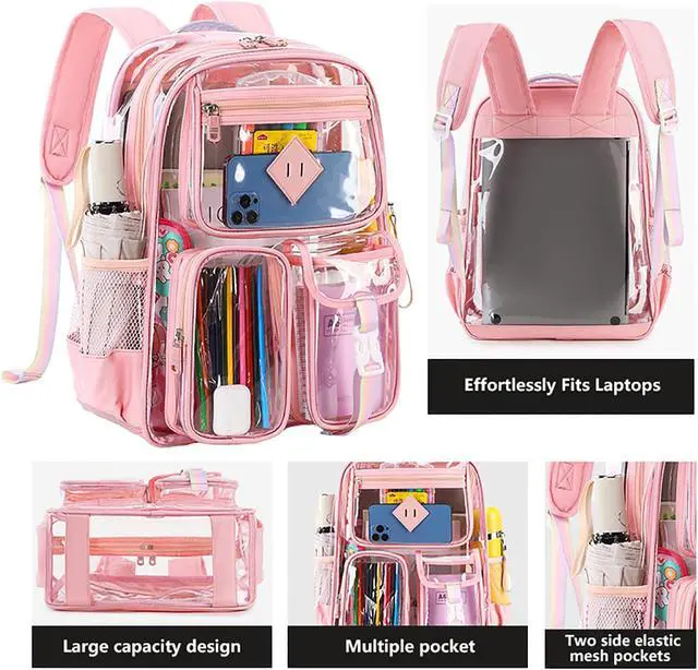 Alt view image 3 of 5 - 3Pcs Clear Backpack Set, Heavy Duty PVC Transparent Daypack 17in Laptop bag, See Through Large Capacity Double Shoulder Backpack with Plush Pencil Case Key Chain(Pink)