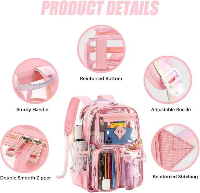 Alt view image 4 of 5 - 3Pcs Clear Backpack Set, Heavy Duty PVC Transparent Daypack 17in Laptop bag, See Through Large Capacity Double Shoulder Backpack with Plush Pencil Case Key Chain(Pink)