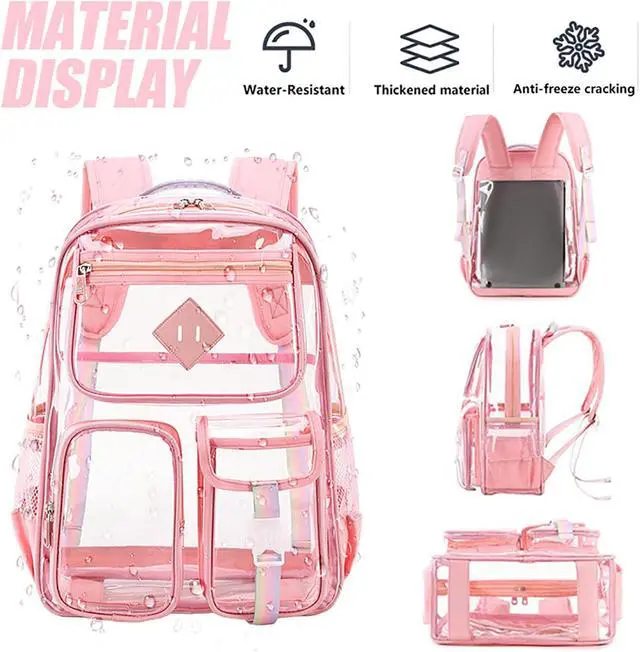 Alt view image 5 of 5 - 3Pcs Clear Backpack Set, Heavy Duty PVC Transparent Daypack 17in Laptop bag, See Through Large Capacity Double Shoulder Backpack with Plush Pencil Case Key Chain(Pink)
