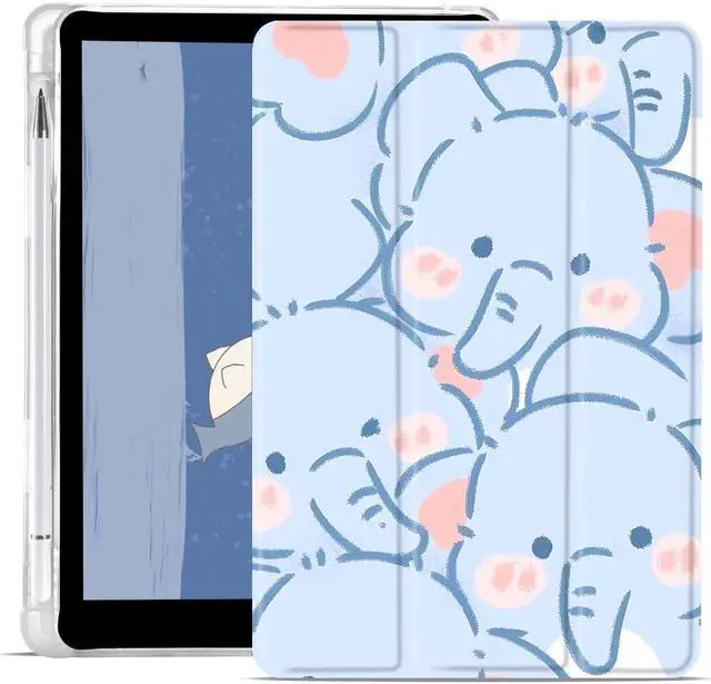 Main image of JOYLAND Lovely Cartoon Elephant Pad Case for 10.5 Inch iPad Pro 2017/iPad Air 3 with Pencil Holder, Auto Wake/Sleep, Clear TPU Blue Leather Anti-Scratch Smart Foldable Stand Back Cover