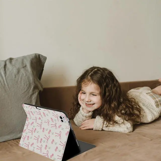Alt view image 3 of 5 - JOYLAND Cherry Bowknot Pad Case Compatible with iPad Air 11" M3/M2(2025/2024)/iPad Air 4/Air 5 10.9" with Pencil Holder Pink Girly Leather Cover Folio Stand Cover with Auto Sleep/Wake for Kids Girls