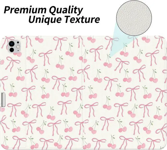 Alt view image 2 of 5 - JOYLAND Cherry Bowknot Pad Case Compatible with iPad Air 11" M3/M2(2025/2024)/iPad Air 4/Air 5 10.9" with Pencil Holder Pink Girly Leather Cover Folio Stand Cover with Auto Sleep/Wake for Kids Girls