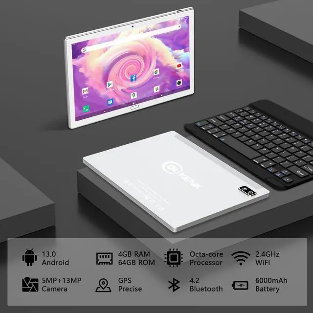 Alt view image 2 of 5 - Android 13 2 in 1 Tablet - 10.1 Inch HD, 4G Cellular with Keyboard, 64GB+4GB, Octa-Core, 2 Sim Slot, 13MP Camera, Mouse/Stylus/GPS/WiFi/Bluetooth (Silver)