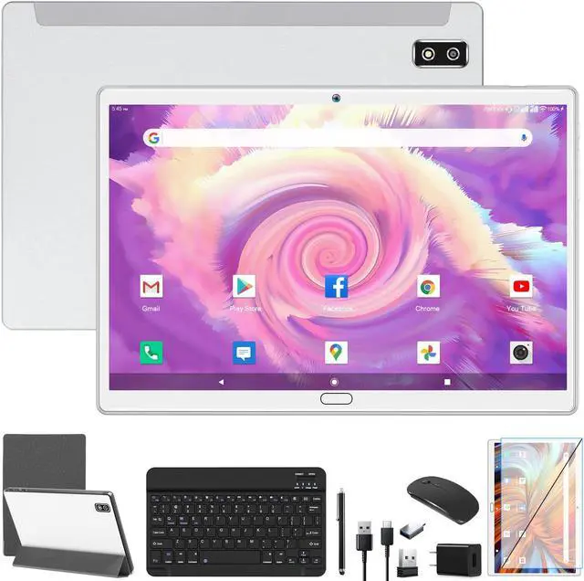 Main image of Android 13 2 in 1 Tablet - 10.1 Inch HD, 4G Cellular with Keyboard, 64GB+4GB, Octa-Core, 2 Sim Slot, 13MP Camera, Mouse/Stylus/GPS/WiFi/Bluetooth (Silver)