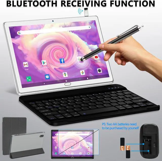 Alt view image 5 of 5 - Android 13 2 in 1 Tablet - 10.1 Inch HD, 4G Cellular with Keyboard, 64GB+4GB, Octa-Core, 2 Sim Slot, 13MP Camera, Mouse/Stylus/GPS/WiFi/Bluetooth (Silver)