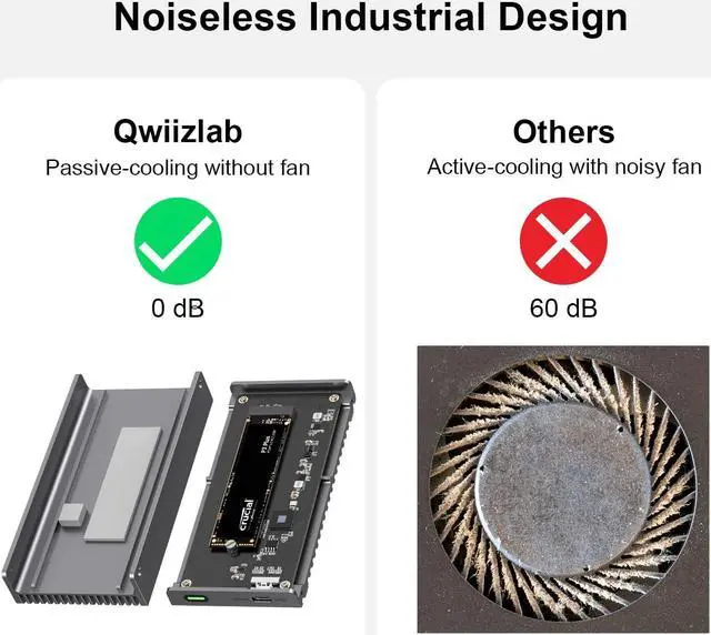 Alt view image 2 of 5 - Qwiizlab Fanless 40Gbps USB4 Thunderbolt External SSD Enclosure with Aluminum Heat Sink Chasiss, Supports M.2 NVMe PCIe SSD up to 8TB (SSD Not Included)