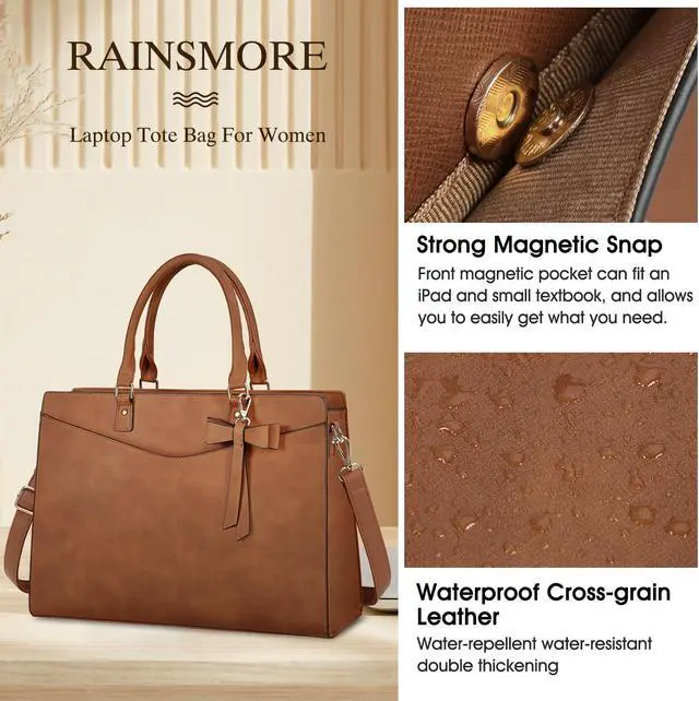Alt view image 3 of 5 - RAINSMORE Laptop Bag for Women 15.6 Inch PU Leather Tote Bag Professional Business Office Work Bag Waterproof Briefcase Computer Tote Bag Large Lightweight Handbag Shoulder Bag, Erasing Vintage Brown