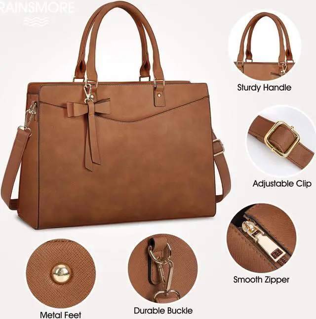 Alt view image 4 of 5 - RAINSMORE Laptop Bag for Women 15.6 Inch PU Leather Tote Bag Professional Business Office Work Bag Waterproof Briefcase Computer Tote Bag Large Lightweight Handbag Shoulder Bag, Erasing Vintage Brown