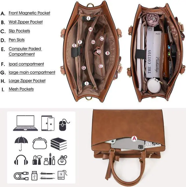 Alt view image 5 of 5 - RAINSMORE Laptop Bag for Women 15.6 Inch PU Leather Tote Bag Professional Business Office Work Bag Waterproof Briefcase Computer Tote Bag Large Lightweight Handbag Shoulder Bag, Erasing Vintage Brown