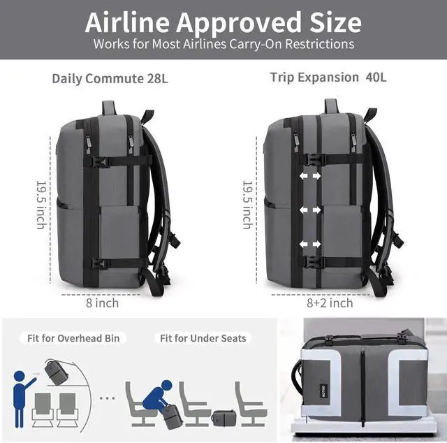 Alt view image 2 of 5 - RDTGO Carry on Backpack, 40L Flight Approved Travel Backpack for Men & Women, Expandable luggage Backpack with 4 Packing Cubes, 17 inch Laptop Backpack,Water-Resistant Business Daypack Weekender Bag