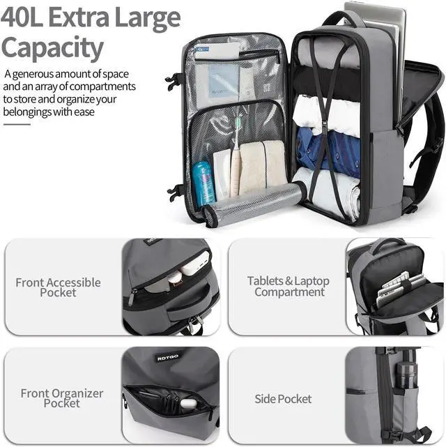 Alt view image 4 of 5 - RDTGO Carry on Backpack, 40L Flight Approved Travel Backpack for Men & Women, Expandable luggage Backpack with 4 Packing Cubes, 17 inch Laptop Backpack,Water-Resistant Business Daypack Weekender Bag