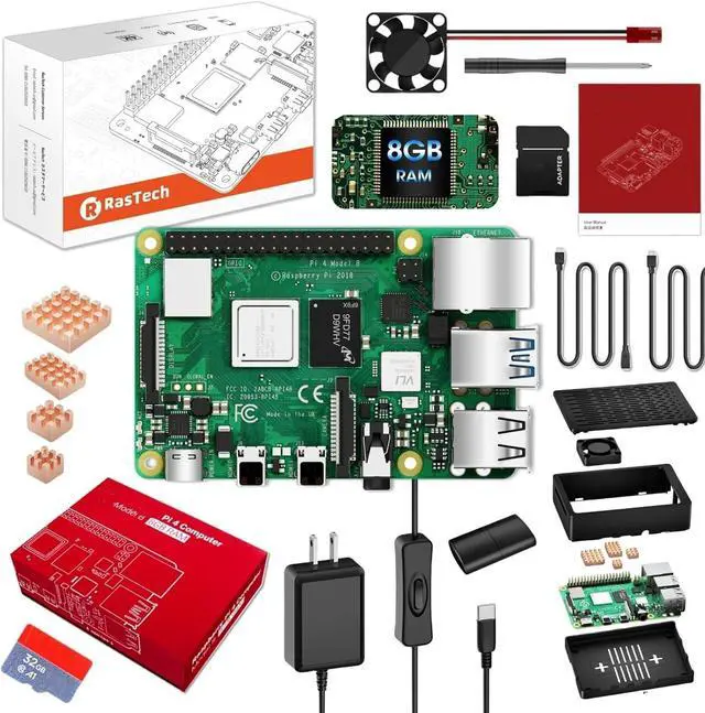 Main image of RasTech Raspberry Pi 4 8GB Starter Kit with Pi4 8GB Board,with 32GB Card 4 Copper Heatsink 2 Micro HD Out Cable 5V 3A Power Supply with ON/Off Case Cooling Fan Card Readers Screwdriver