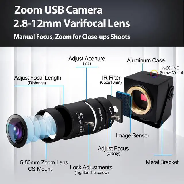 Alt view image 4 of 5 - SVPRO 8MP Zoom Webcam for Laptop, 2.8-12mm Lens Manual Focus USB Camera for PC Computer Camera, Windows, Linux, MacOS, Android