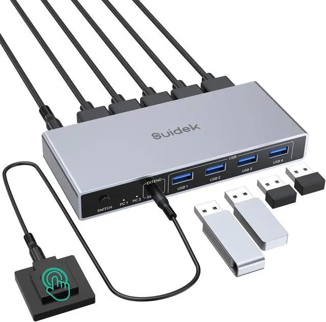 Main image of SUIDEK HDMI KVM Switch 1 Monitor 2 Computers, 4K@60Hz USB 3.0 KVM Switcher with 4 USB Ports for 2 Computers Share Keyboard Mouse Printer, Include Desktop Controller, 2 USB Cables and Power Adapter