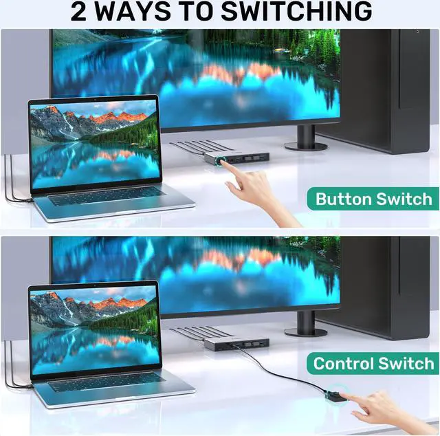 Alt view image 5 of 5 - SUIDEK HDMI KVM Switch 1 Monitor 2 Computers, 4K@60Hz USB 3.0 KVM Switcher with 4 USB Ports for 2 Computers Share Keyboard Mouse Printer, Include Desktop Controller, 2 USB Cables and Power Adapter