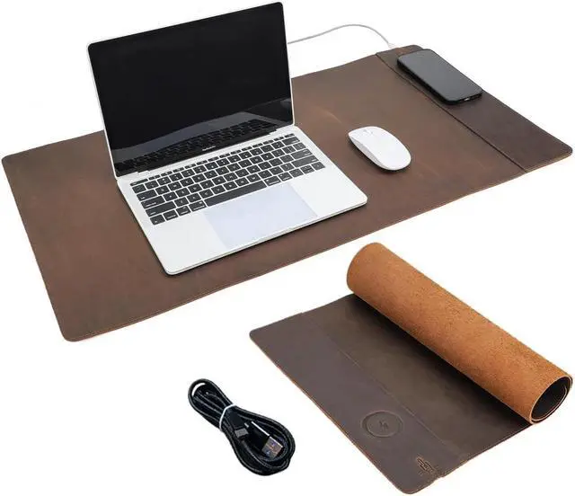 Main image of Contacts Top Grain Leather Wireless Charging Desk Mat with 15W Wireless Charger Type C Chargering Port Computer Desk Pad Large Mouse Pad 80x40 cm