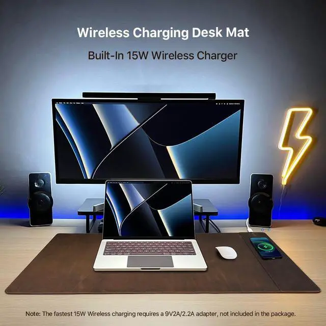 Alt view image 2 of 5 - Contacts Top Grain Leather Wireless Charging Desk Mat with 15W Wireless Charger Type C Chargering Port Computer Desk Pad Large Mouse Pad 80x40 cm
