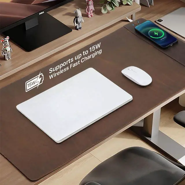 Alt view image 3 of 5 - Contacts Top Grain Leather Wireless Charging Desk Mat with 15W Wireless Charger Type C Chargering Port Computer Desk Pad Large Mouse Pad 80x40 cm