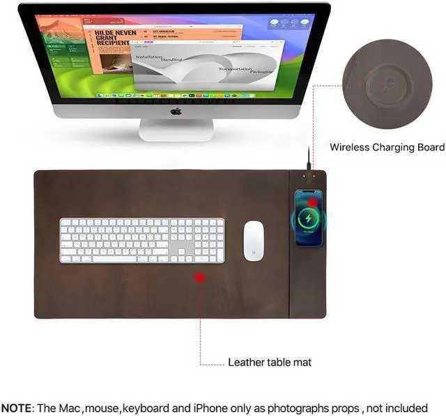 Alt view image 4 of 5 - Contacts Top Grain Leather Wireless Charging Desk Mat with 15W Wireless Charger Type C Chargering Port Computer Desk Pad Large Mouse Pad 80x40 cm