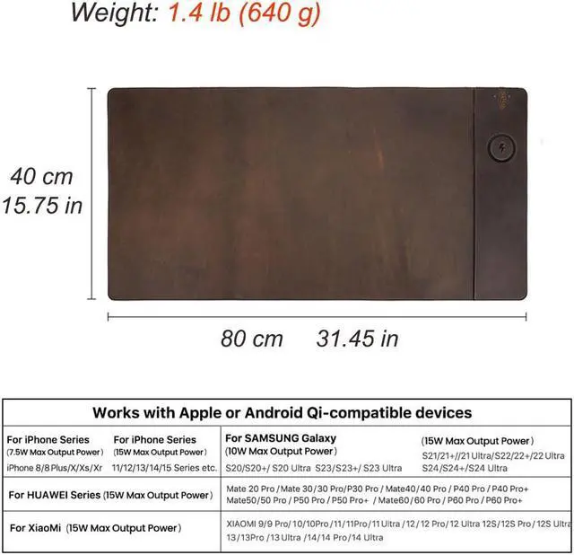 Alt view image 5 of 5 - Contacts Top Grain Leather Wireless Charging Desk Mat with 15W Wireless Charger Type C Chargering Port Computer Desk Pad Large Mouse Pad 80x40 cm