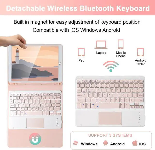 Alt view image 4 of 5 - SOPPY Bluetooth Keyboard Case with Touchpad for iPad 9th Gen 2021, 8th Gen 2020, 7th Gen 2019 10.2", Air 3 & Pro 10.5", Detachable Wireless Keyboard, Slim Protective Cover, Rechargeable, Pink