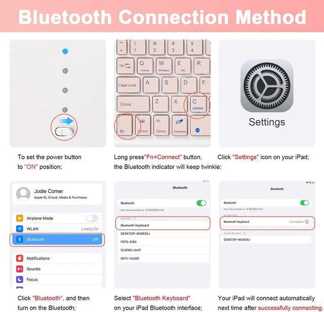 Alt view image 3 of 5 - SOPPY Bluetooth Keyboard Case with Touchpad for iPad 9th Gen 2021, 8th Gen 2020, 7th Gen 2019 10.2", Air 3 & Pro 10.5", Detachable Wireless Keyboard, Slim Protective Cover, Rechargeable, Pink