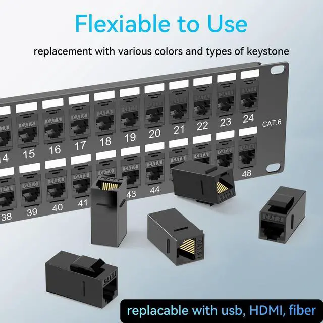 Alt view image 5 of 5 - Sokqovt Patch Panel 48 Port Cat6 with Coupler Keystone, Cat6 Network Patch Panel 10G No Punch Down, Time-Saver Ethernet 2U Rj45 Patch Panel with Sturdy Back Bar, Rackmount 19 Inch Coupler Patch Panel