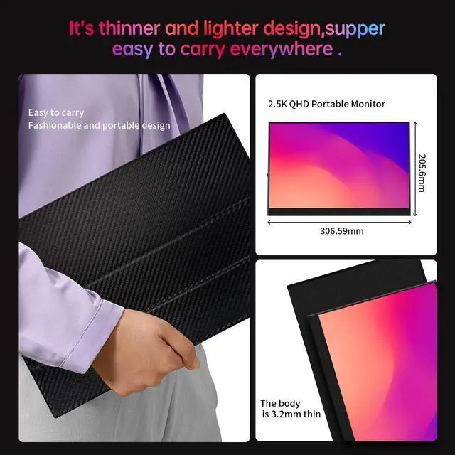Alt view image 3 of 5 - StarXnDa 14 inch Portable Monitor, 2560 * 1600p IPS Ultra-Slim Travel Monitor 100% sRGB HDR 400cd/m² Eye-Care HDMI Type-C Portable Screen for Laptop Mac Pc Phone