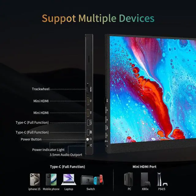 Alt view image 4 of 5 - StarXnDa 14 inch Portable Monitor, 2560 * 1600p IPS Ultra-Slim Travel Monitor 100% sRGB HDR 400cd/m² Eye-Care HDMI Type-C Portable Screen for Laptop Mac Pc Phone
