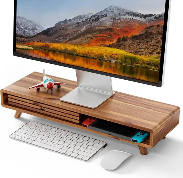 Main image of Tinamo Acacia Monitor Stand Riser with Sliding Door - Wooden Monitor Riser for Desk - Computer Monitor Stand for Desk - Multi-Purpose Desktop Storage Stand for Computer; Laptop; TV(24.4 " x 8" x 5")