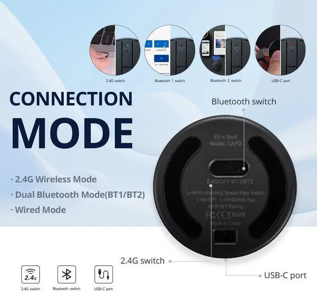 Alt view image 3 of 5 - TIMEXPLAYER Stylish Mini Round Mouse with Pressure Sensing Reel, Ultra Portable Wireless Mouse Connectivity: Wired, 2.4G and Dual Bluetooth, Rubber Case Included (BT1/BT2-Black)