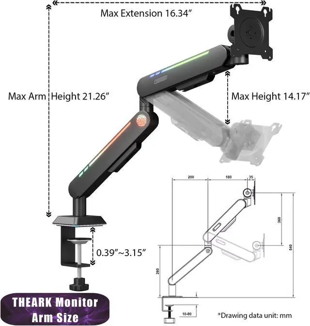 Alt view image 2 of 5 - THEARK Single Monitor Mount, Built-in RGB Lights, Adjustable Monitor Arm with USB & Grommet Base, Computer Monitor Stand with LED, for 1732 Screens up to 22 lbs, VESA 75x75 or 100x100mm, Black
