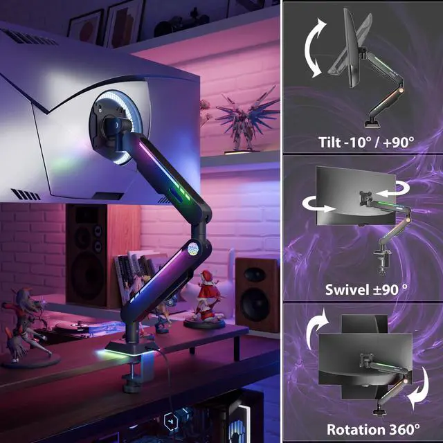 Alt view image 3 of 5 - THEARK Single Monitor Mount, Built-in RGB Lights, Adjustable Monitor Arm with USB & Grommet Base, Computer Monitor Stand with LED, for 1732 Screens up to 22 lbs, VESA 75x75 or 100x100mm, Black
