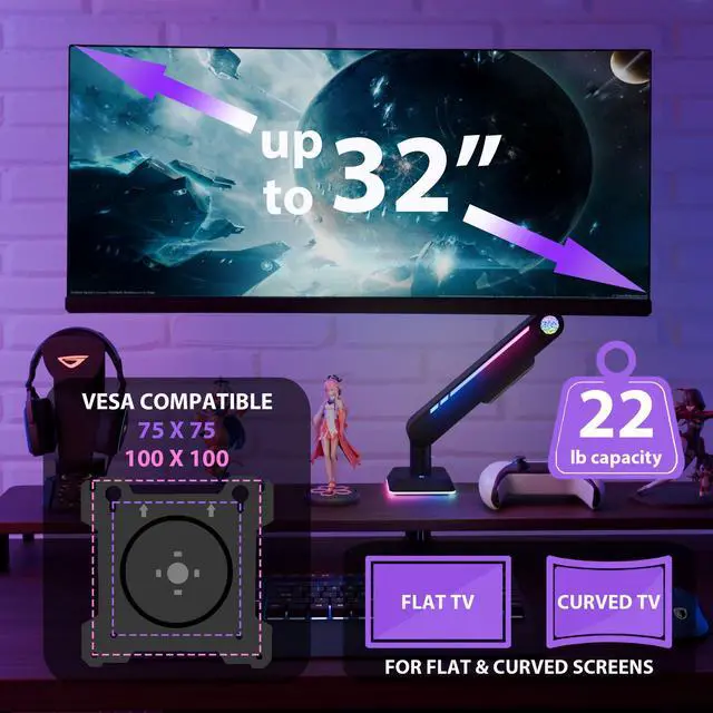 Alt view image 4 of 5 - THEARK Single Monitor Mount, Built-in RGB Lights, Adjustable Monitor Arm with USB & Grommet Base, Computer Monitor Stand with LED, for 1732 Screens up to 22 lbs, VESA 75x75 or 100x100mm, Black