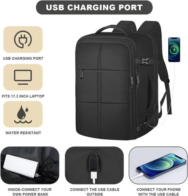 Alt view image 3 of 5 - Extra Large Travel Backpack, 55L Carry On Backpack Flight Approved with USB Charging Port, Expandable Waterproof Business Luggage Casual Bag Fits 18.4 Inch Laptops, Travel Gifts for Men Women