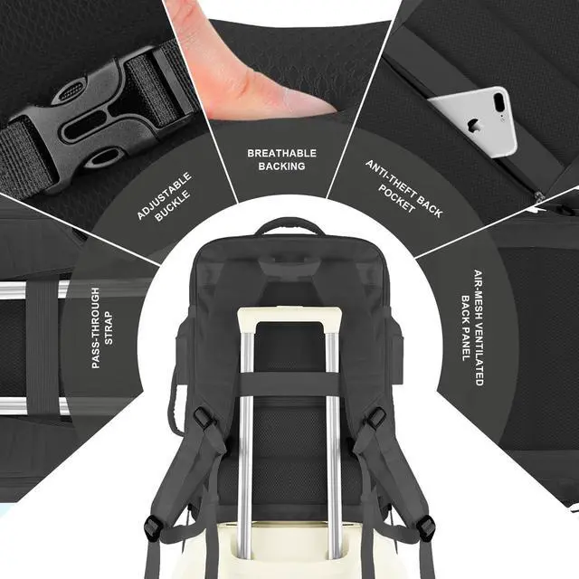 Alt view image 4 of 5 - Extra Large Travel Backpack, 55L Carry On Backpack Flight Approved with USB Charging Port, Expandable Waterproof Business Luggage Casual Bag Fits 18.4 Inch Laptops, Travel Gifts for Men Women