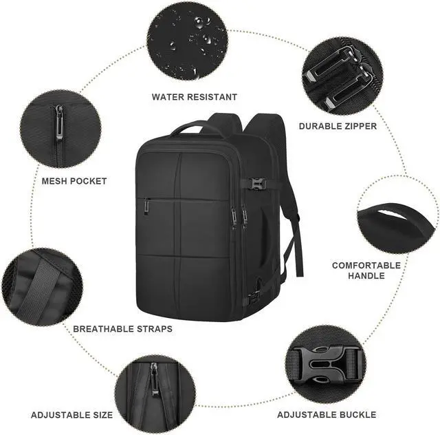 Alt view image 5 of 5 - Extra Large Travel Backpack, 55L Carry On Backpack Flight Approved with USB Charging Port, Expandable Waterproof Business Luggage Casual Bag Fits 18.4 Inch Laptops, Travel Gifts for Men Women