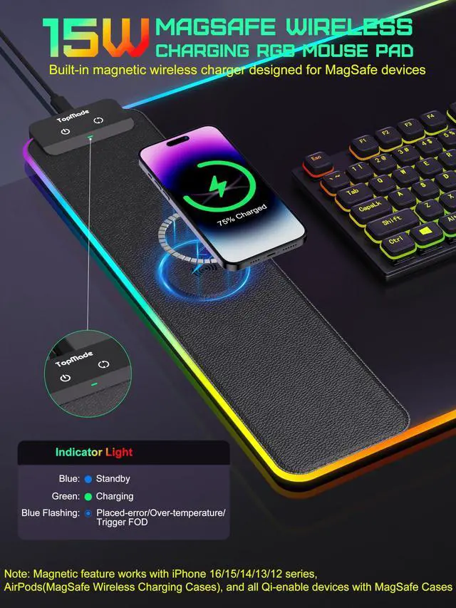 Alt view image 2 of 5 - TopMade Wireless Charging Mouse Pad, RGB Gaming Mousepad Home Office Large Desk Pad with 13 Light Modes, Ultra-Smooth Surface, Non-Slip Base, Waterproof Keyboard Pad, Classic Black Desk Mat