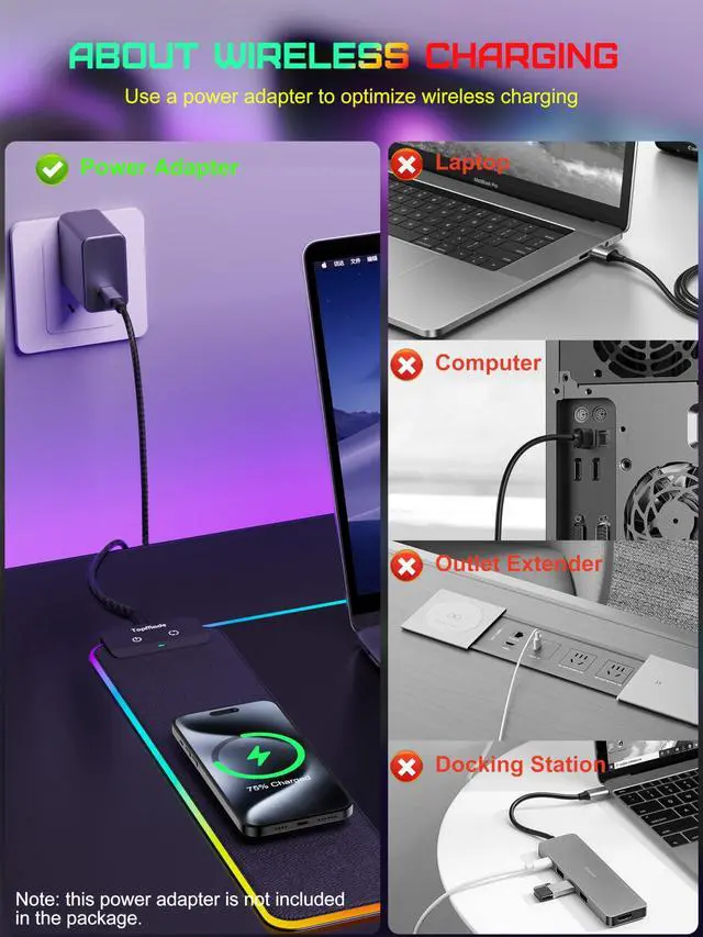 Alt view image 3 of 5 - TopMade Wireless Charging Mouse Pad, RGB Gaming Mousepad Home Office Large Desk Pad with 13 Light Modes, Ultra-Smooth Surface, Non-Slip Base, Waterproof Keyboard Pad, Classic Black Desk Mat